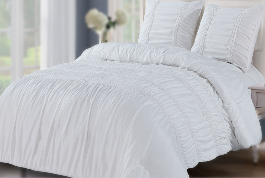 Embroidered ruffled stripe pleated pintuck comforter set