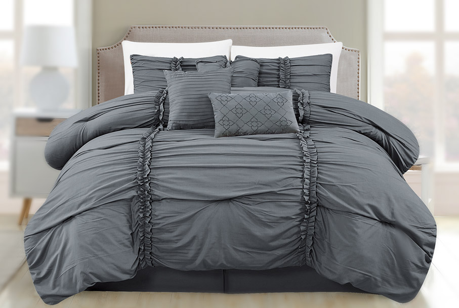 Ruffled stripe deco pin tuck comforter set